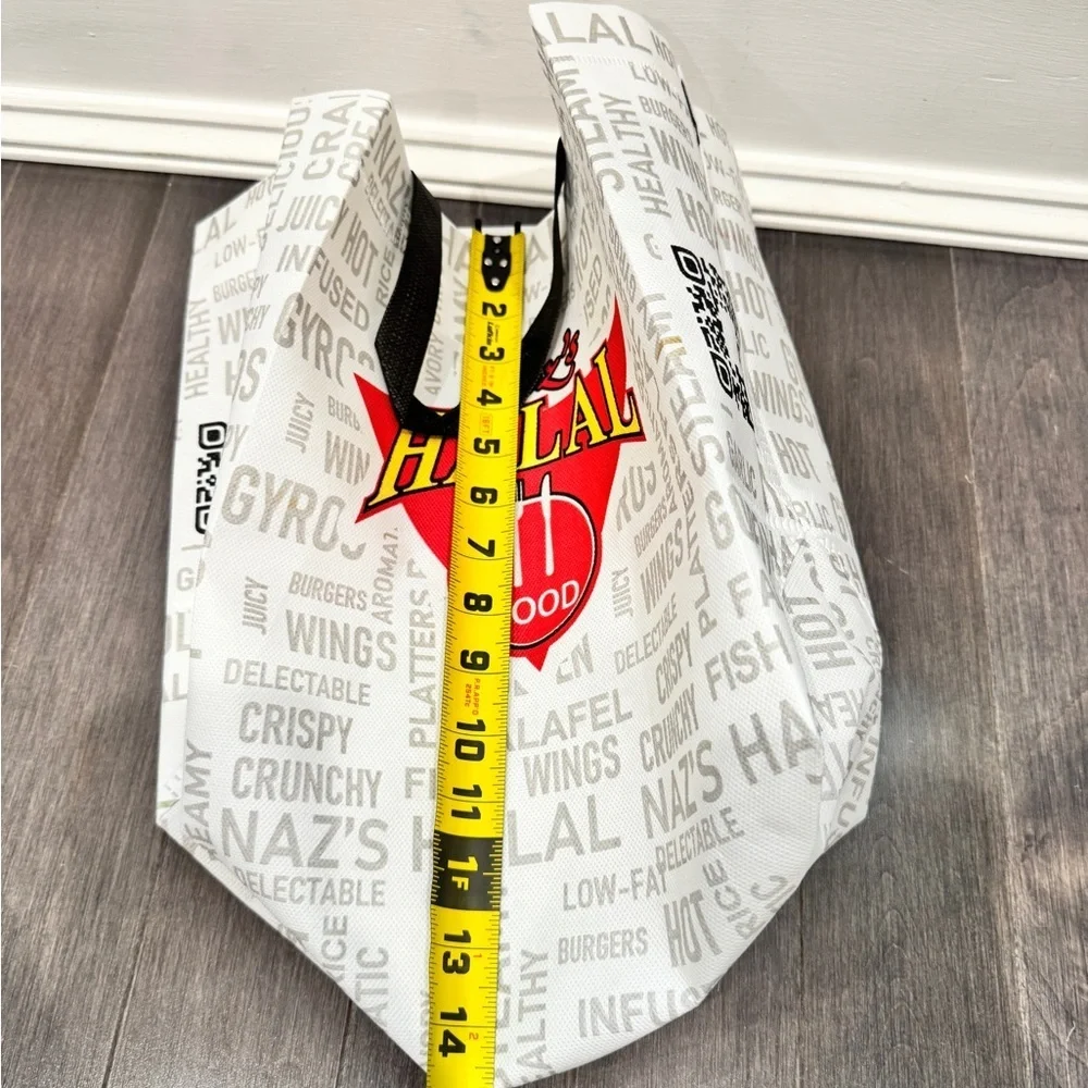 NWOT Naz's Halal Food Logo Reusable Tote Bag - White with Red & Yellow 14 x 10